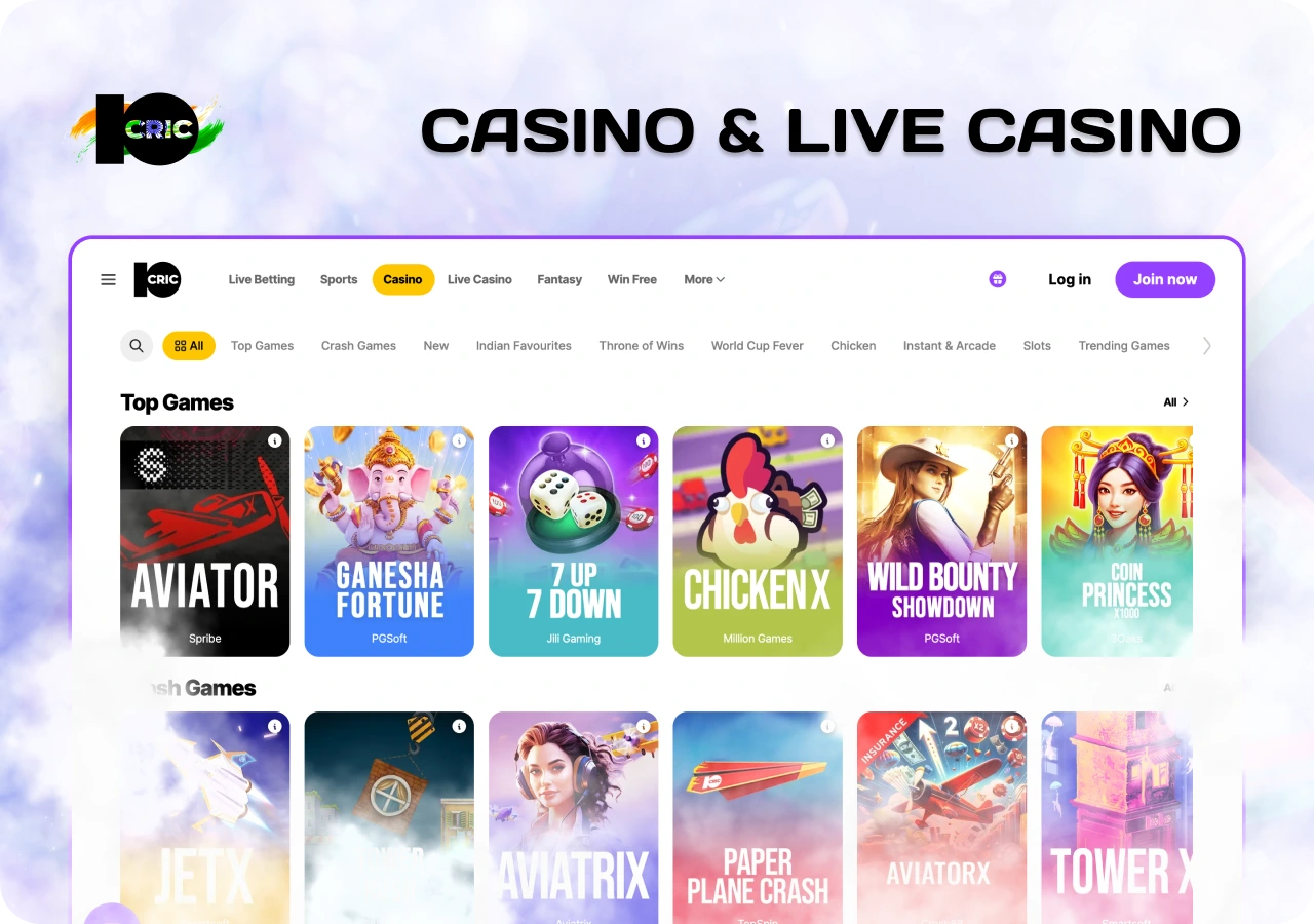 10cric Online casino with live dealer tables, crash games and digital slot entertainment